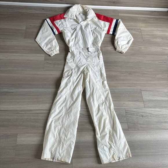 Vintage Descente One Piece Shell Snow Ski Suit Women's Sz M Cream Red‎ Blue New - Picture 1 of 14